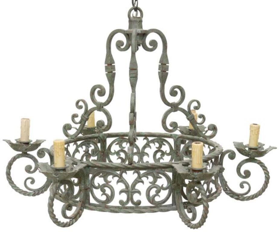 Appraisal: Wrought iron six-light chandelier in a verde patina having three