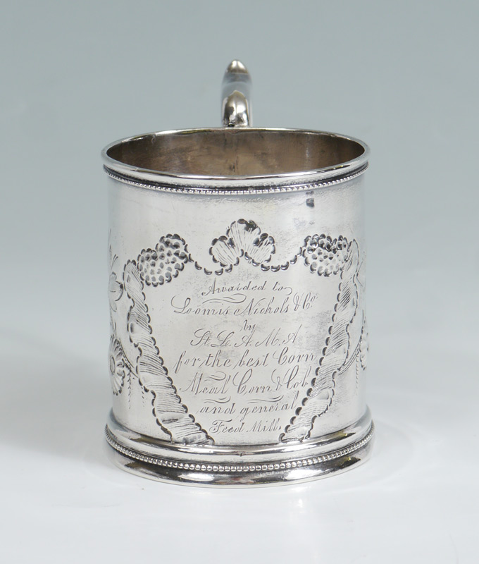 Appraisal: E JACCARD COIN SILVER PRESENTATION MUG From noted St Louis