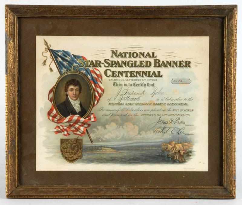 Appraisal: National Star Spangled Banner Description Framed under glass Centennial piece