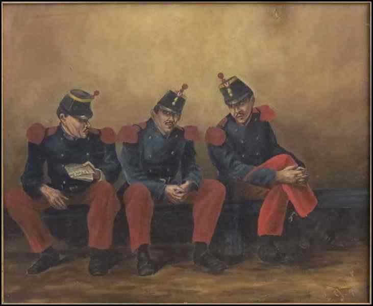 Appraisal: FRENCH SCHOOL TH CENTURY SOLDIERS SEATED ON A BENCH Oil