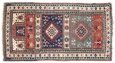 Appraisal: Caucasian prayer rug central panels on ivory and salmon ground