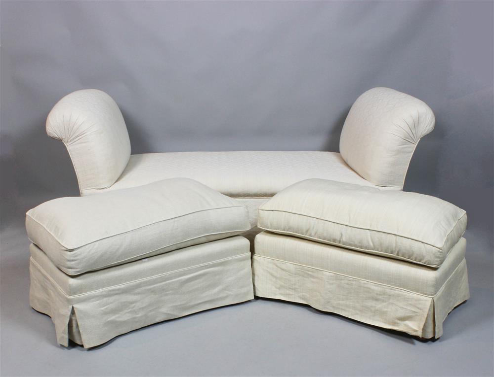 Appraisal: OFF WHITE UPHOLSTERED WINDOW BENCH AND TWO SIMILAR OTTOMANS the