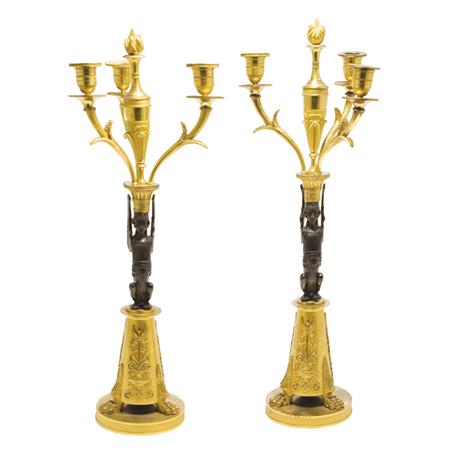 Appraisal: Pair of Empire Gilt and Patinated-Bronze Three-Light Candelabra Estimate -