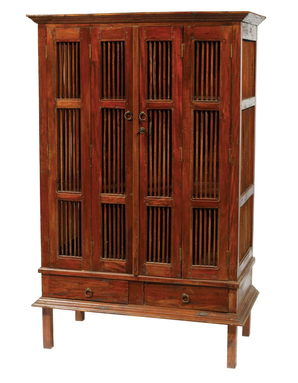 Appraisal: Vintage Indonesian Wood Cabinet stepped cornice slatted paneled doors and