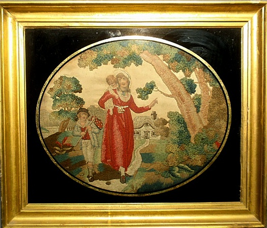 Appraisal: - Oval English woolwork of a mother and children leaving