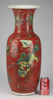 Appraisal: Chinese red ground Fu lion vase h Chinese red ground