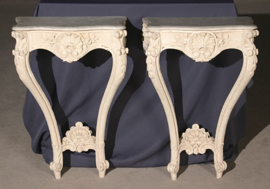 Appraisal: Pair of Louis XV Cream Painted Serpentine Marble-Top Consoles Circa