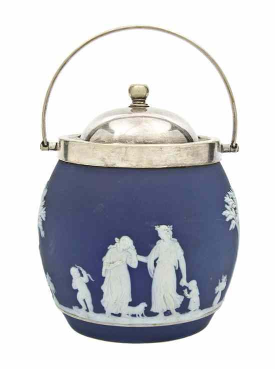 Appraisal: A Wedgwood Jasperware Silverplate Mounted Biscuit Barrel having a swing