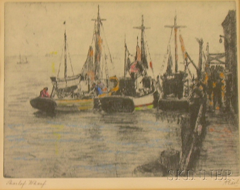 Appraisal: Framed Color Etching Skarlof Wharf by Albert Edel American -