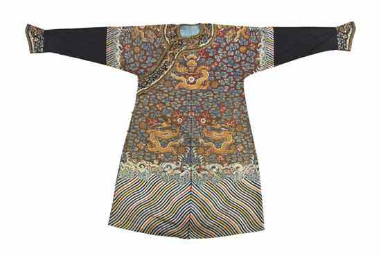 Appraisal: A Chinese Embroidered Chestnut Silk Dragon Robe th century likely