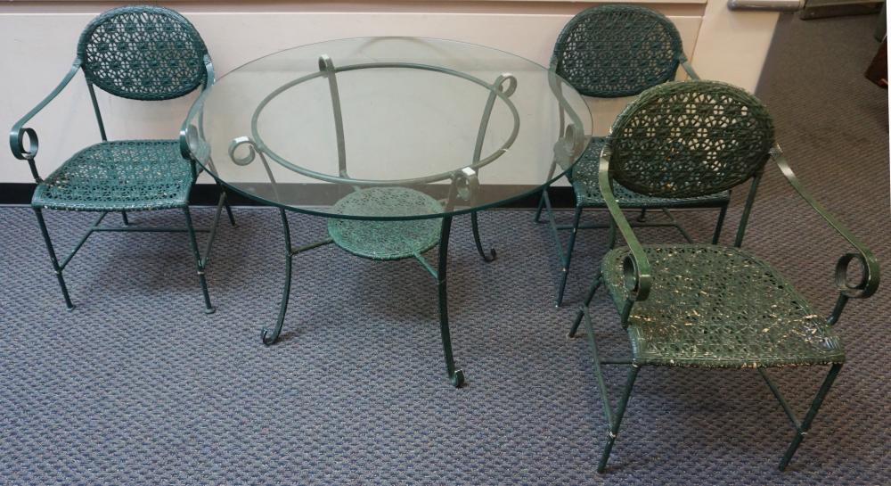 Appraisal: GREEN ENAMEL PAINTED METAL AND GLASS TOP TABLE AND THREE