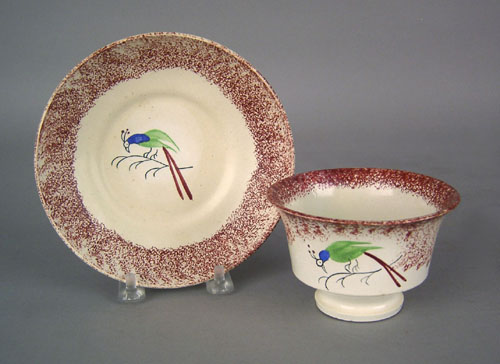 Appraisal: Red spatter cup and saucer th c with parrot decoration