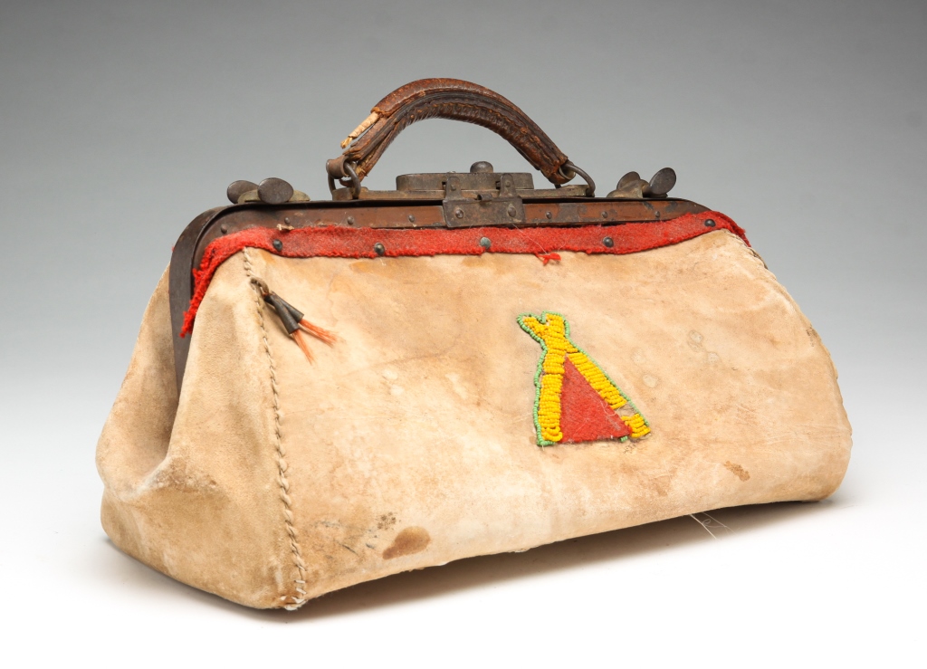 Appraisal: Late th century Leather doctor's bag with sinew sewn leather