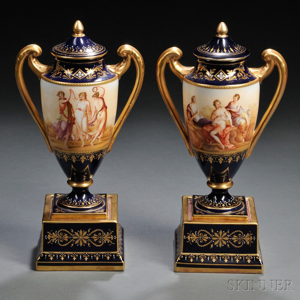 Appraisal: Pair of Vienna Porcelain Covered Urns Austria late th century