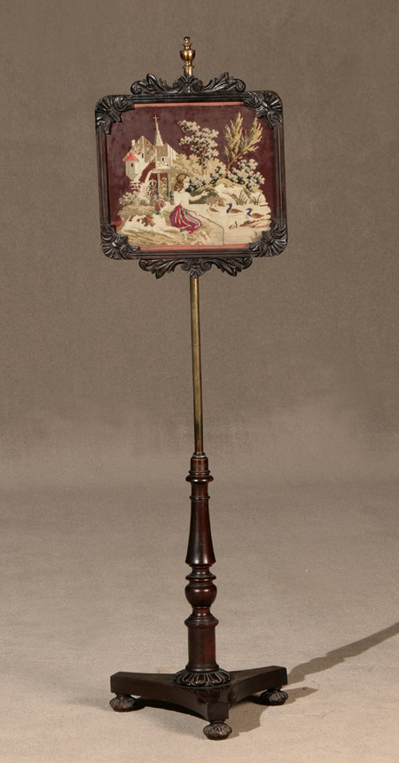 Appraisal: William IV Brass Mounted Rosewood and Needlepoint Landscape Panel Pole