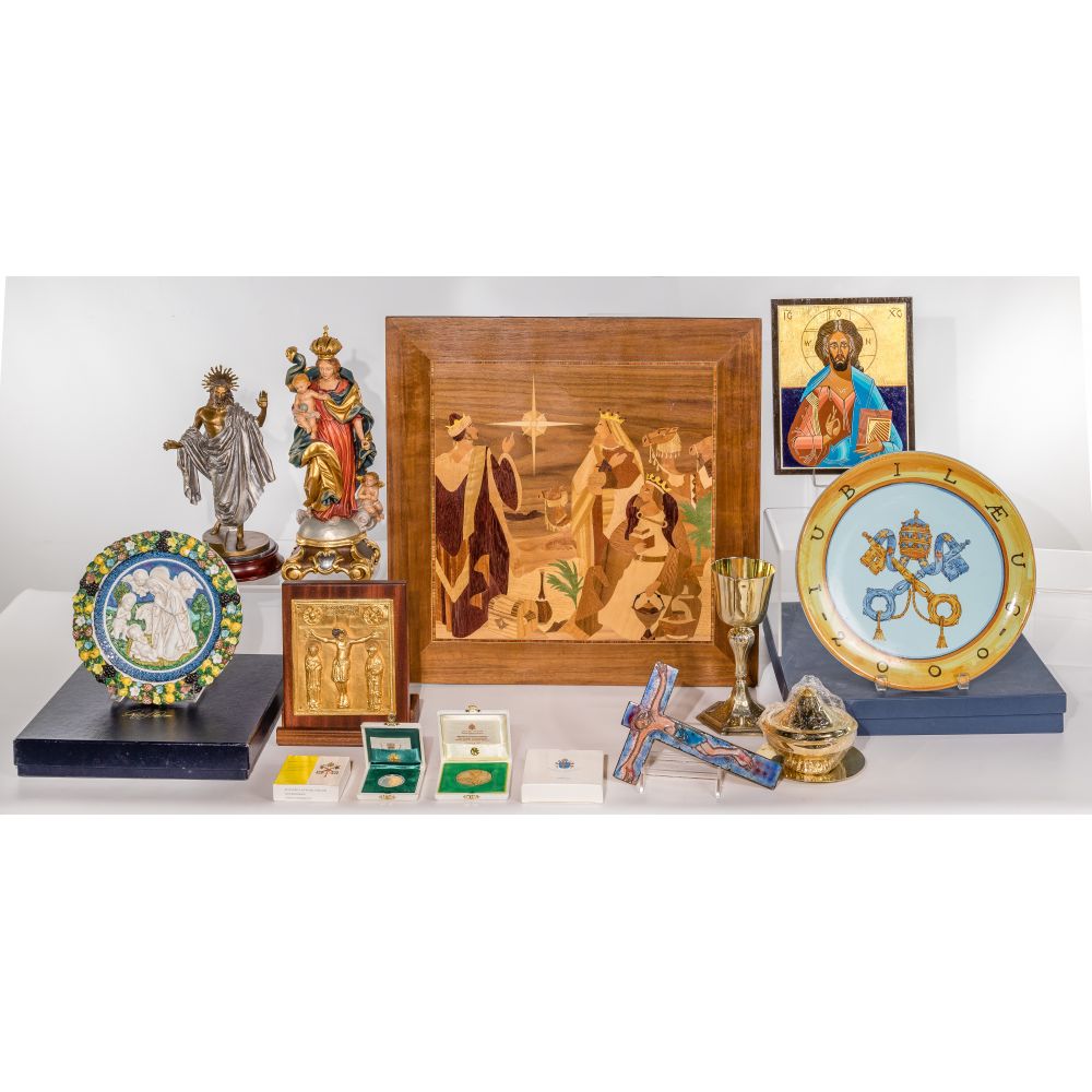 Appraisal: RELIGIOUS DECORATIVE OBJECT ASSORTMENT items including plates having figural Papal