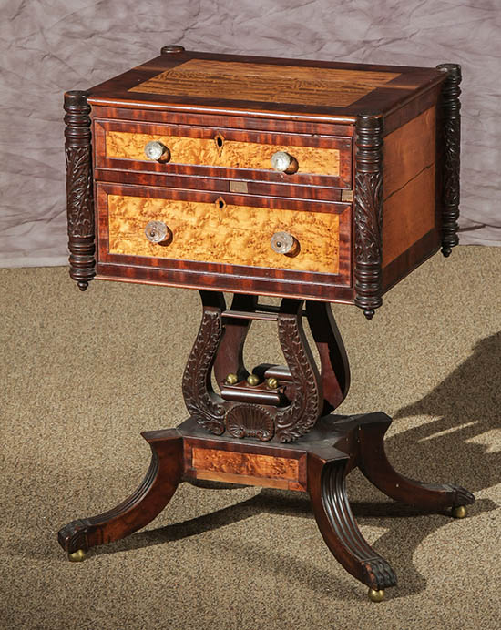 Appraisal: Classical Satinwood and Bird's-Eye Maple Inlaid Mahogany Two-Drawer Work Table