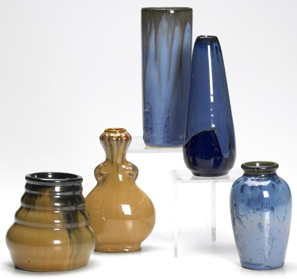 Appraisal: FULPER Five cabinet vases three in Chinese Blue two in