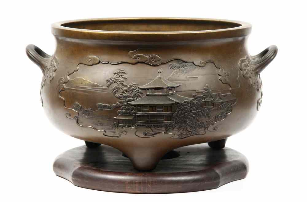 Appraisal: JAPANESE BRONZE KOI BOWL - Rare Japanese Meiji Period three-footed