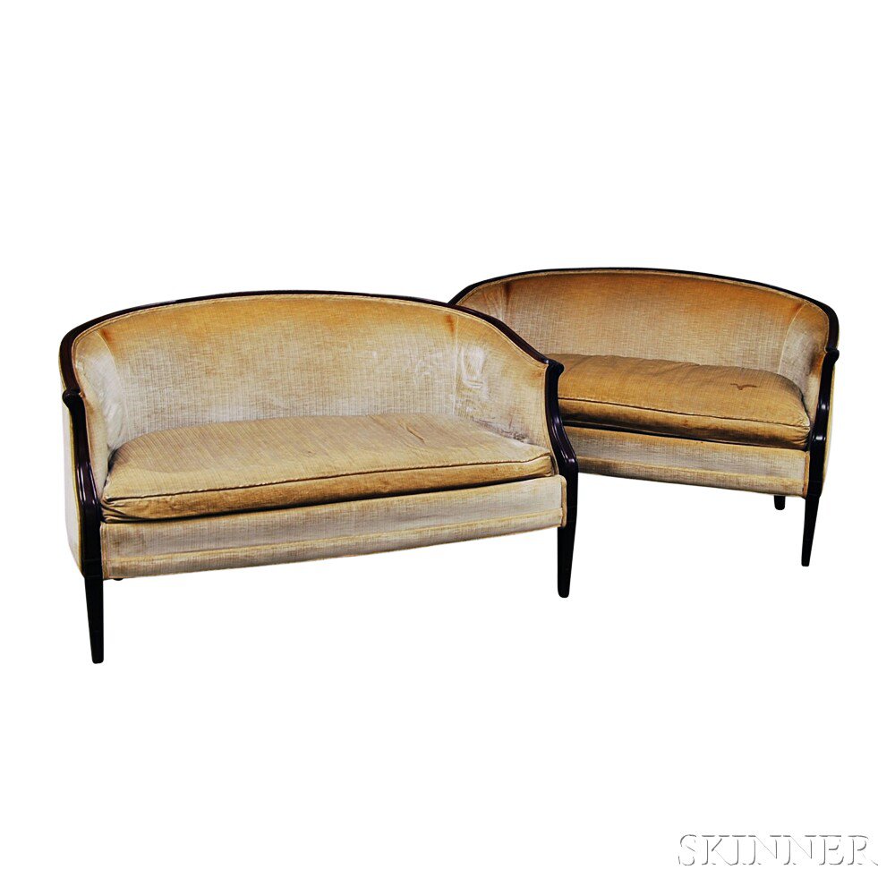 Appraisal: Pair of Louis XVI-style Upholstered Fruitwood Settees with scrolled arms