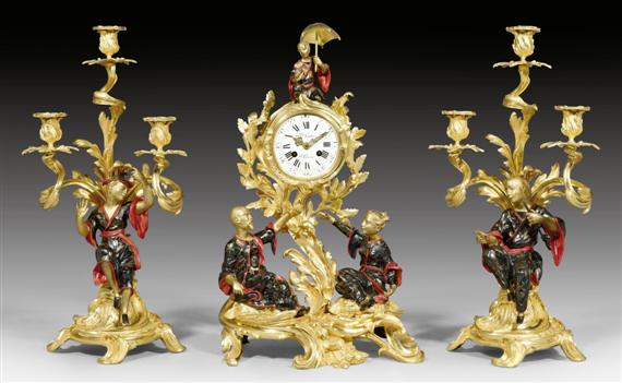 Appraisal: IMPORTANT FIVE-PIECE MANTEL SET AUX CHINOIS Louis XV style the