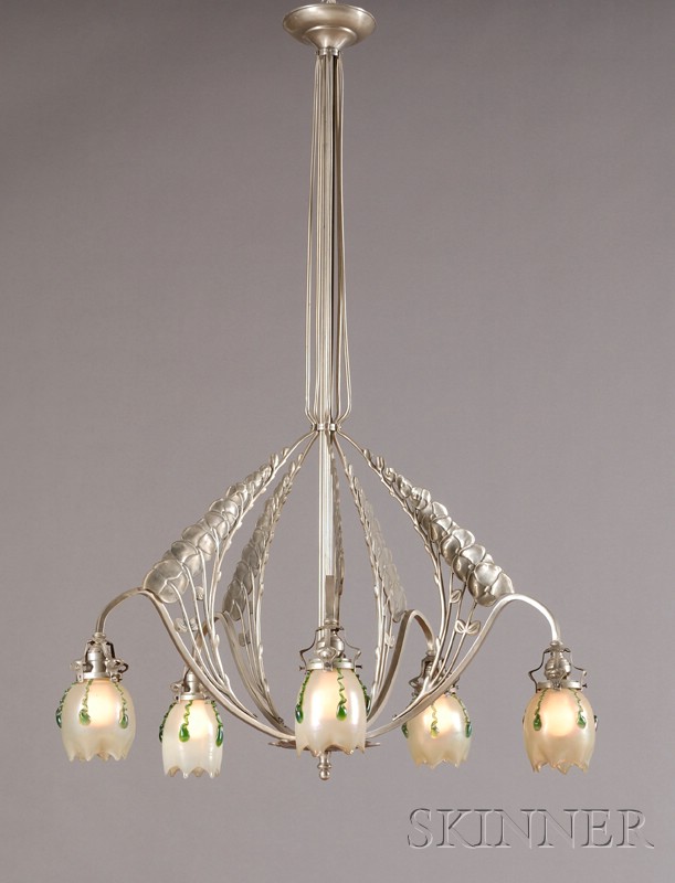 Appraisal: Austrian Vienna Secessionist Pewter and Glass Five-light Chandelier early th