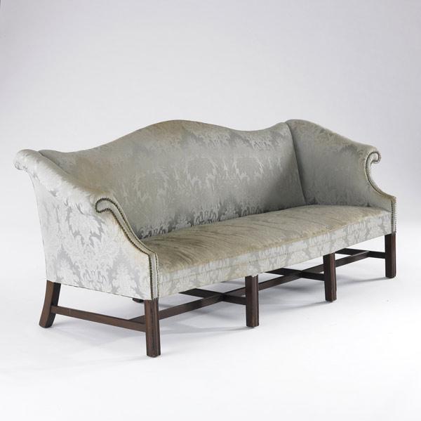 Appraisal: CHIPPENDALE STYLE SOFA With camel back upholstered in light blue