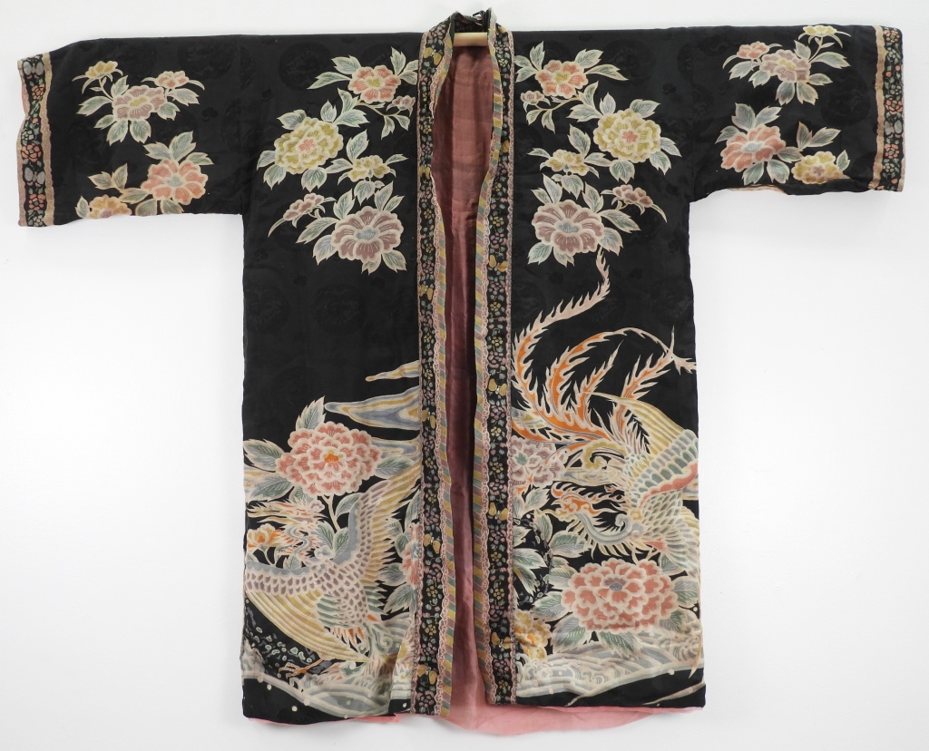 Appraisal: CHINESE QING DYNASTY BLACK NOIRE SILK FLORAL ROBE ChinaQing DynastyDecorated