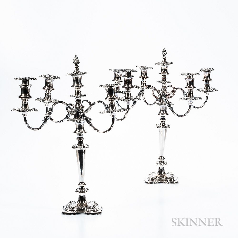 Appraisal: Pair of English Silver-plated Five-light Candelabra Pair of English Silver-plated