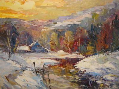 Appraisal: VALTER BERZINS - Snowscene with River Woods and Chalet signed