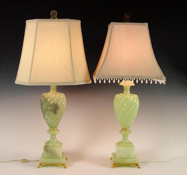 Appraisal: PAIR CARVED GREEN ALABASTER TABLE LAMPS Italian Alabaster label brass