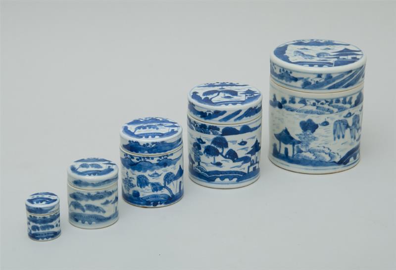 Appraisal: NEST OF FIVE CANTON BLUE AND WHITE PORCELAIN WILLOW PATTERN