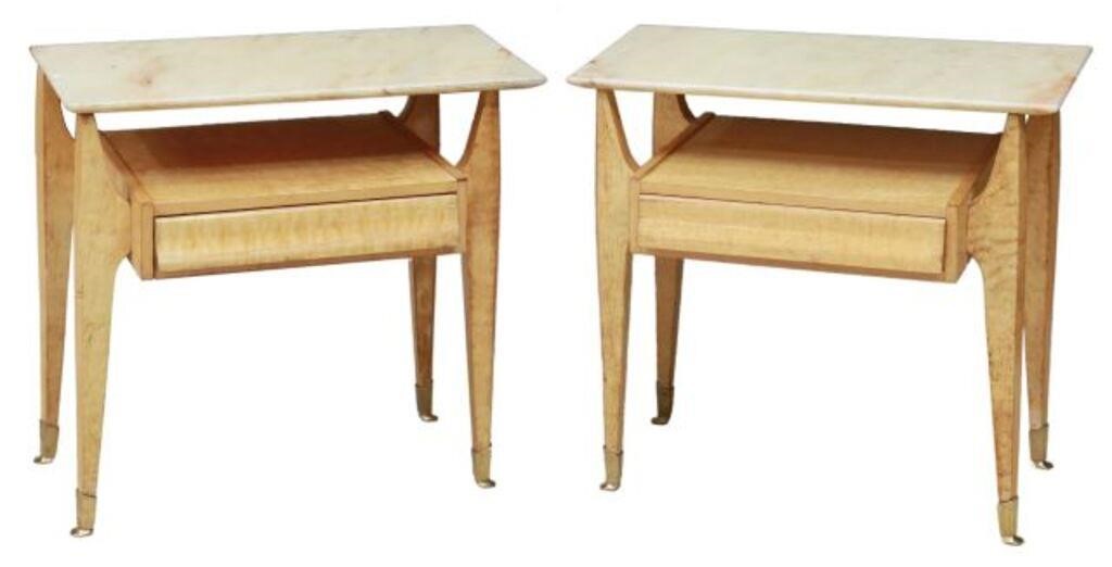 Appraisal: pair Italian mid-century modern curly maple nightstands c s floating