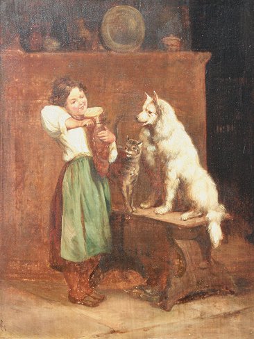 Appraisal: EARLY OIL PAINTING OF CHILD WITH DOG CAT Friends for