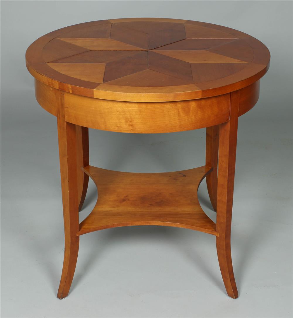 Appraisal: CONTEMPORARY CIRCULAR PARQUETRY TOPPED SIDE TABLE WITH DRAWER AND LOWER