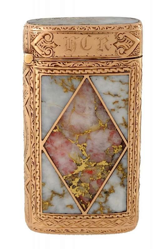 Appraisal: Gold Match Safe Inlaid With Gold Quartz This piece is