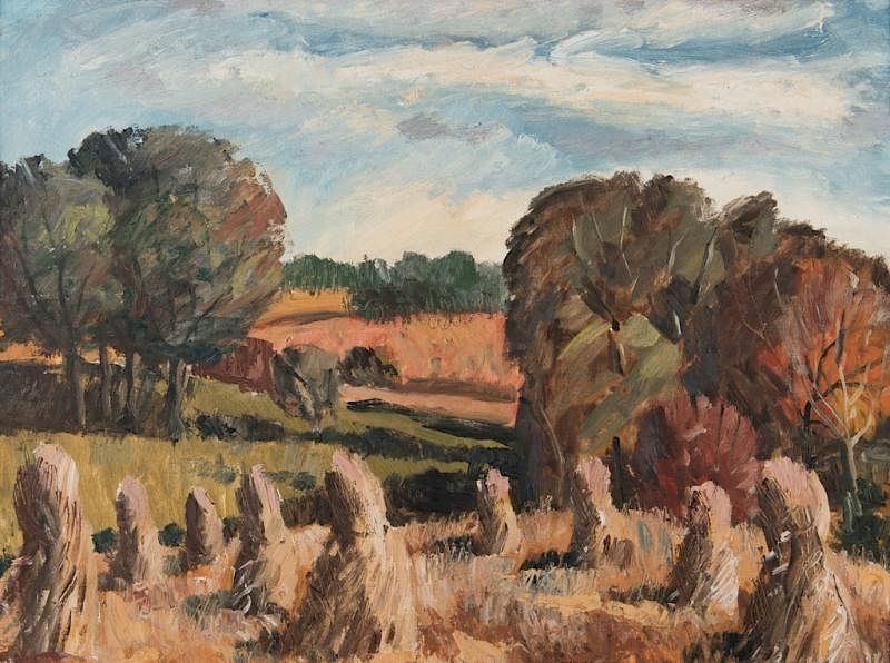 Appraisal: Edward Carlson Landscape w Haystacks Edward Carlson b active Chicago