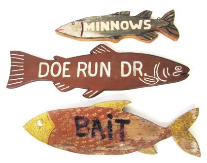 Appraisal: Three painted and carved fish-form signs th century