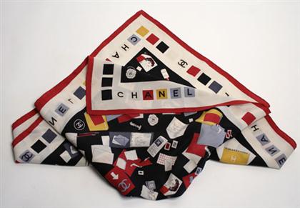 Appraisal: Chanel silk scarf With various signature motifs in red black