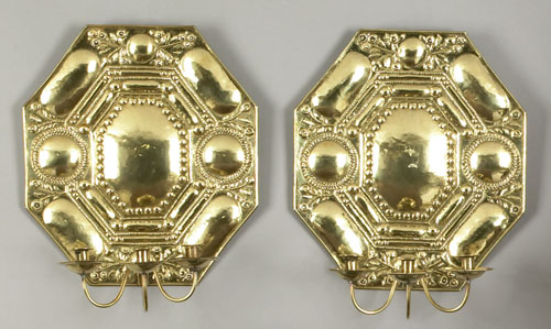 Appraisal: Pair of Dutch repousse brass sconces ca each with a