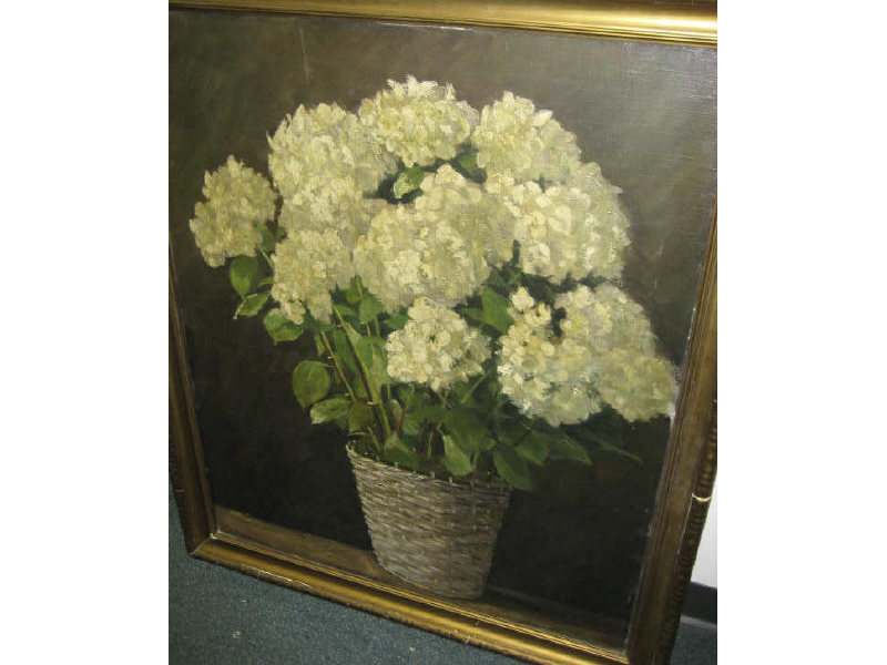 Appraisal: R A TH CENTURY Basket of hydrangeas oil on canvas