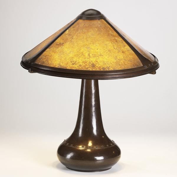 Appraisal: DIRK VAN ERPHammered copper and mica three-socket trumpet table lampWindmill