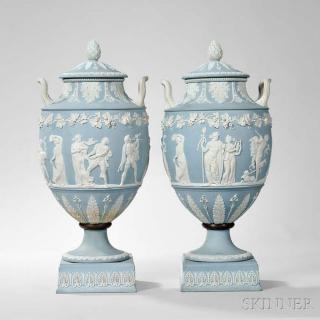 Appraisal: Pair of Wedgwood Solid Pale Blue Jasper Vases and Covers