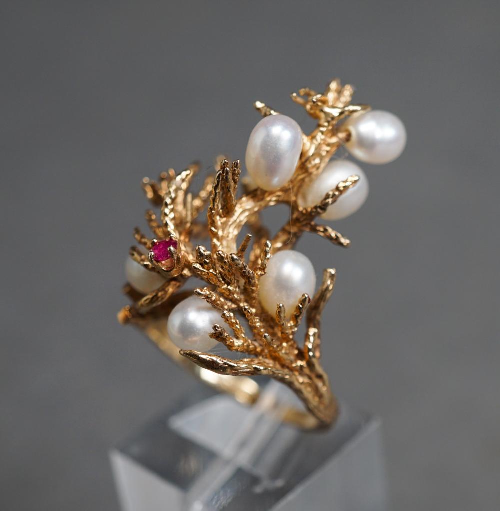 Appraisal: -Karat Yellow-Gold Ruby and Freshwater Pearl Ring gross dwt Size