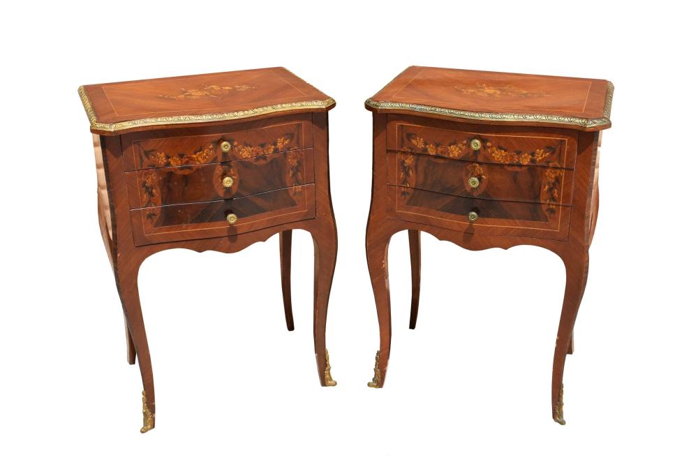 Appraisal: PAIR OF LOUIS XV STYLE INLAID TULIPWOOD END TABLESThe serpentine