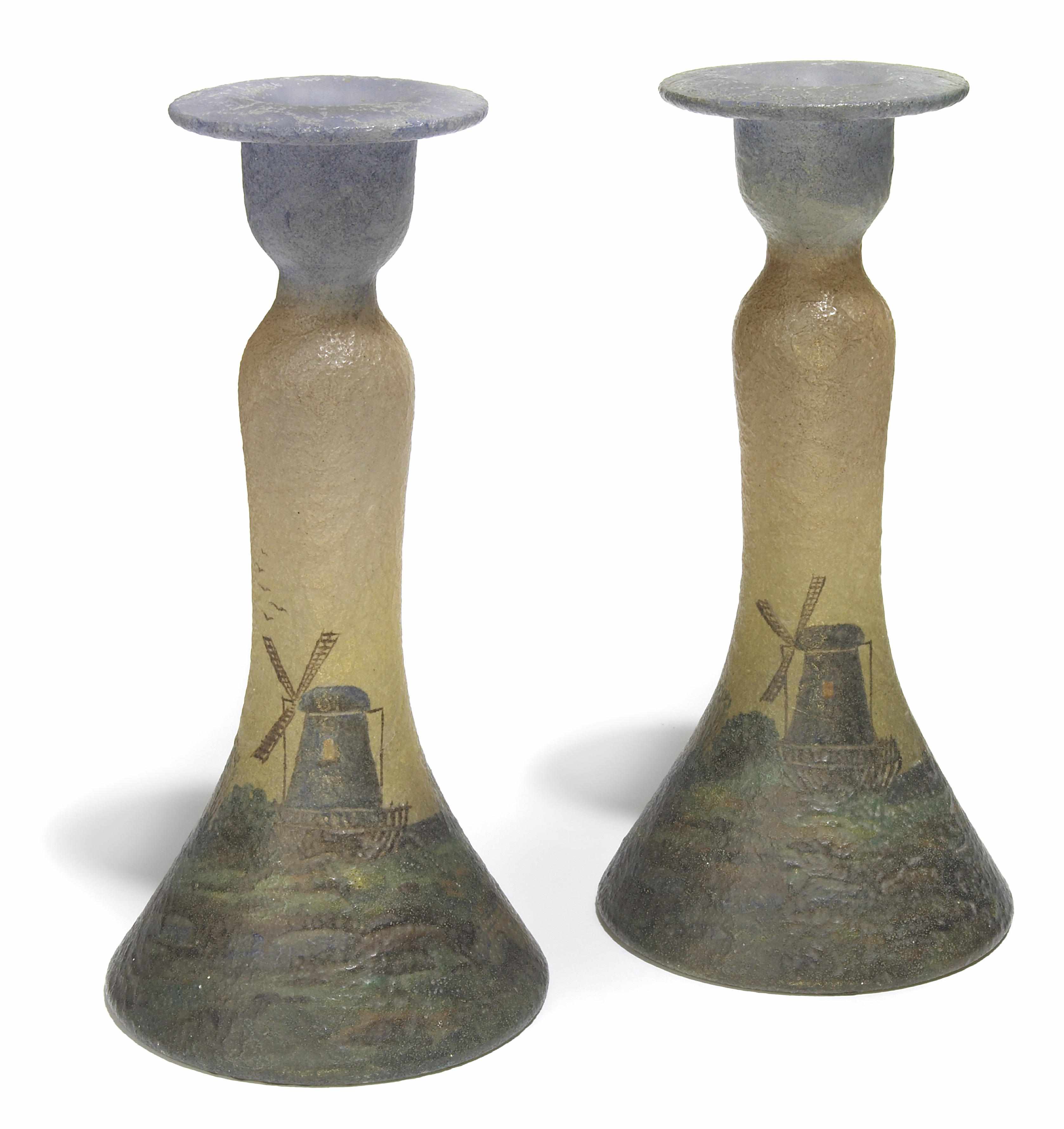 Appraisal: A pair of Handel Teroma glass candlesticks early th centuryeach