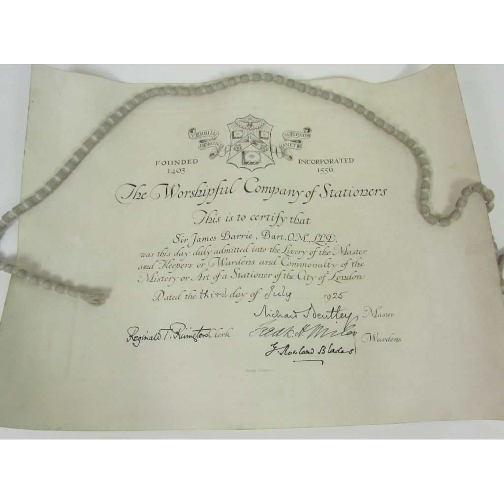 Appraisal: Barrie J M certificate of admittance for Sir James Barrie