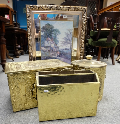 Appraisal: Collection of brass ware items including fire screen coal box