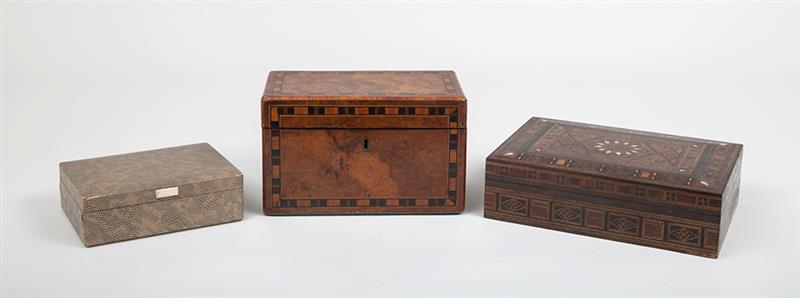 Appraisal: Burl Walnut Inlaid Tea Caddy A Snakeskin Box and An