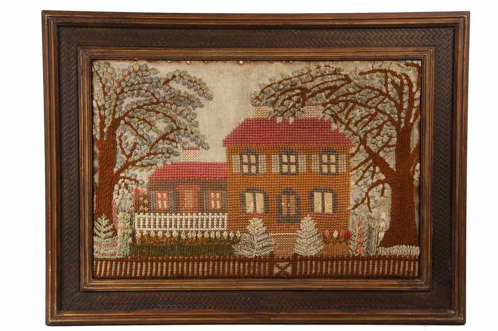 Appraisal: FRAMED CREWELWORK - Portrait of a Colonial New England House